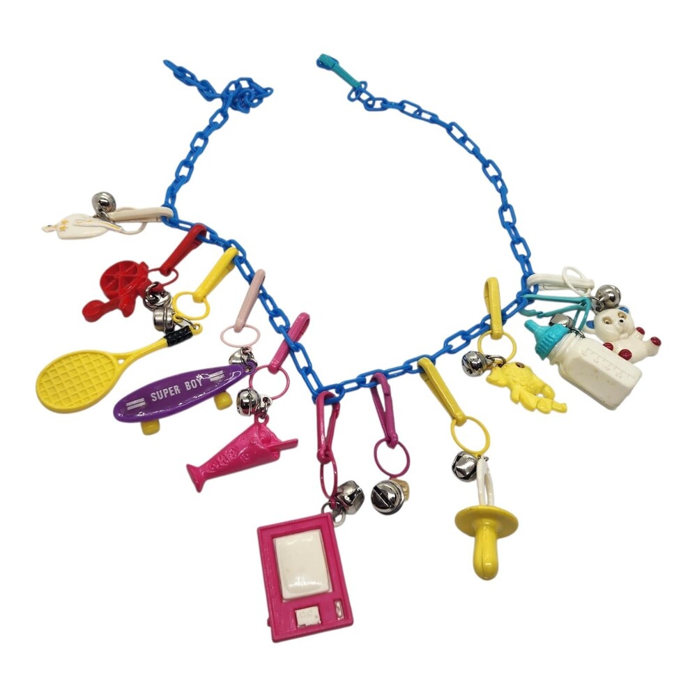 Vintage 1980s Plastic Toy Bell Charm Necklace Nostalgic Miniature Gumball